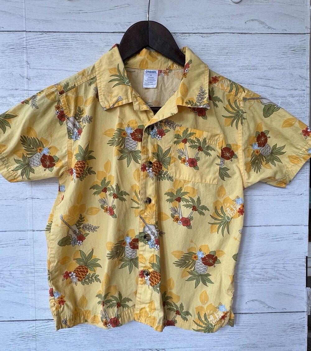 Vintage Gymboree Boys Surf Island Pineapple Tropical Yellow Hawaiian Shirt Sz 6 - Picture 6 of 8